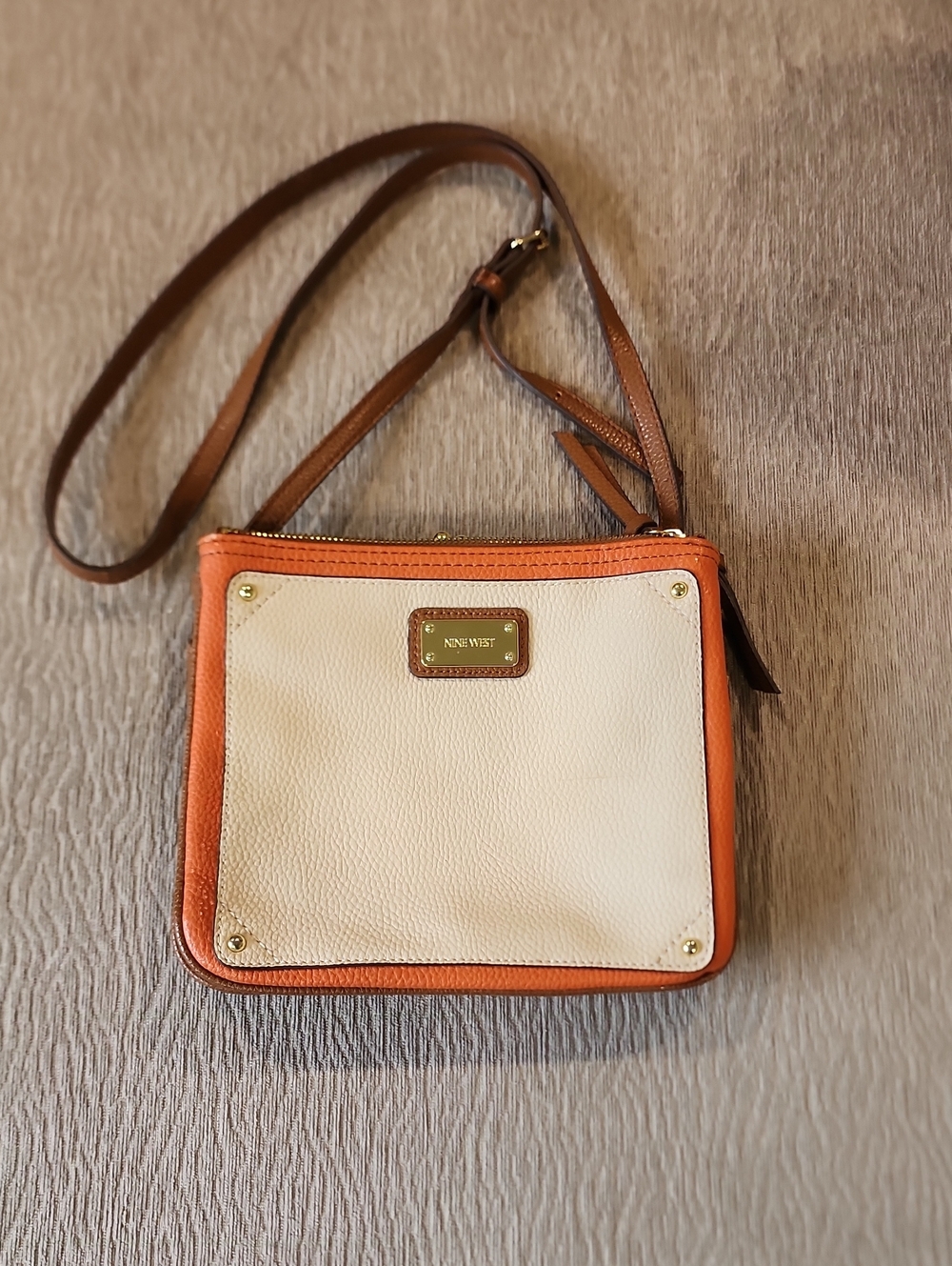 Nine West Cream and Orange Crossbody with Brown Strap